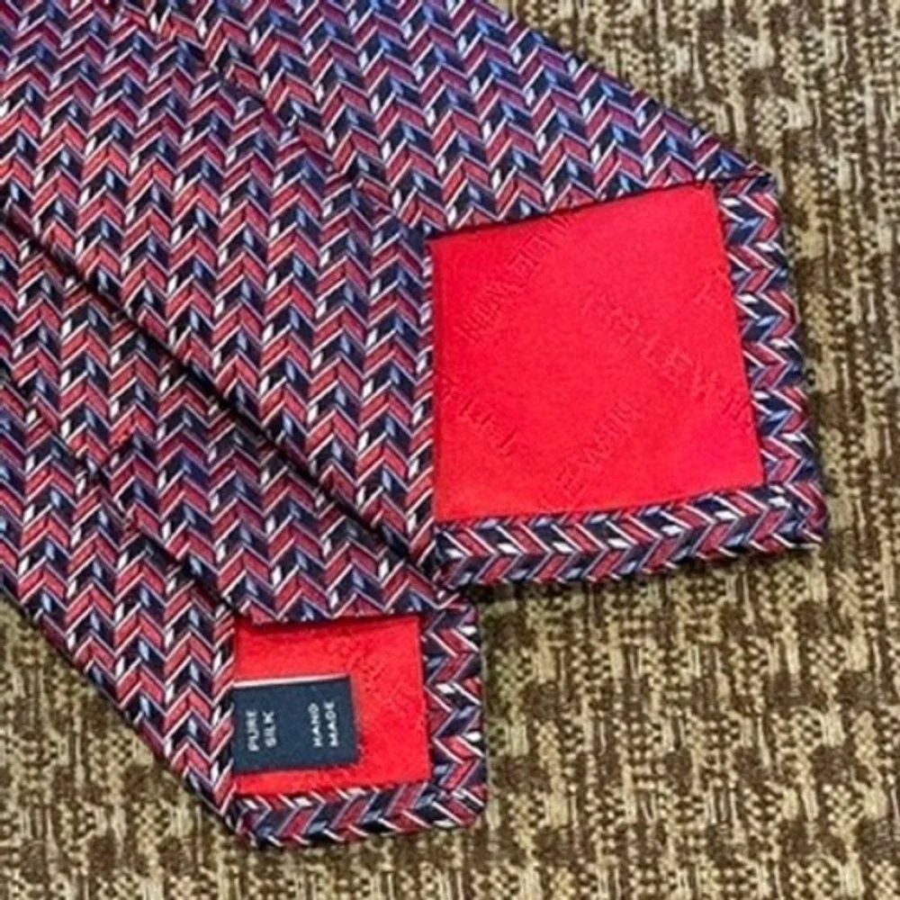 TM Lewin Jermyn St London Mens Silk Tie Red Blue Geometric Arrow‎ Preppy Office